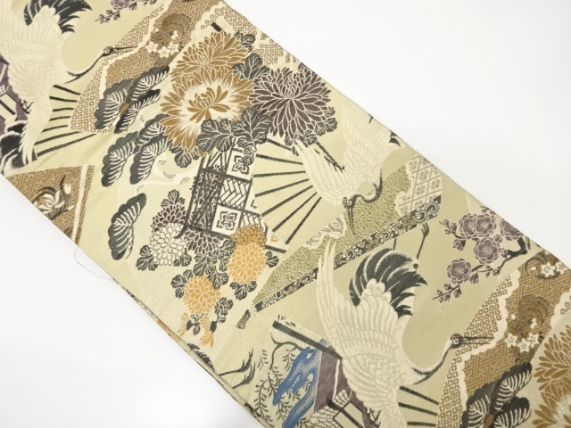 JAPANESE KIMONO / ANTIQUE MARU OBI / WOVEN FAN WITH CRANE & KIKU